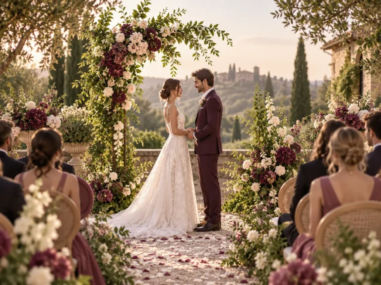 Bruid en bruidegom tijdens een romantische buitenbruiloft met bloemen en groen Winnie Weddings