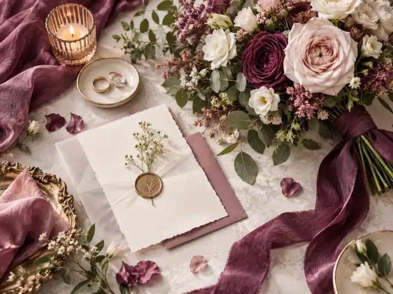 Bruidsboeket met trouwringen, bloemen en stijlvolle details in paarse en groene tinten