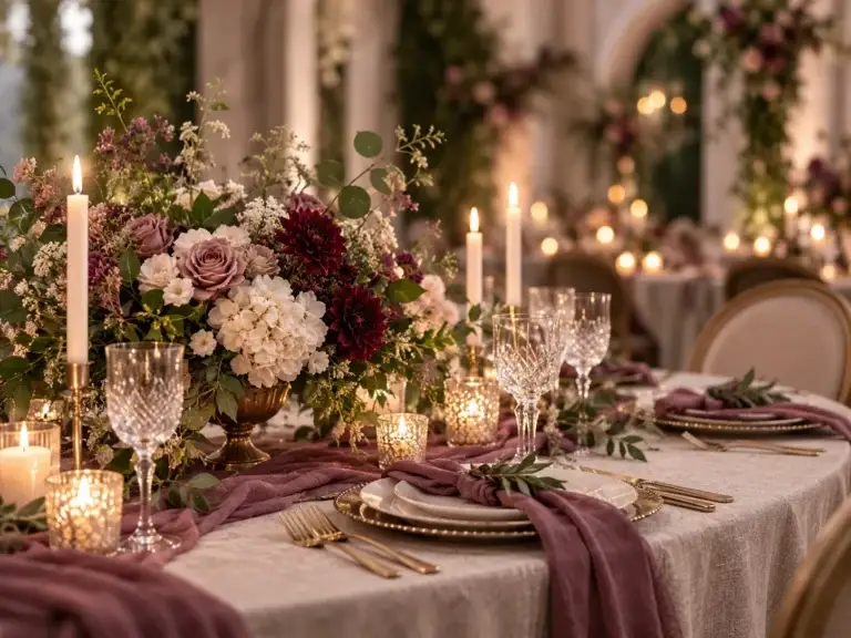 Elegante bruiloftstafel met kaarsen, bloemen, glazen en decoratie in mauve en groen