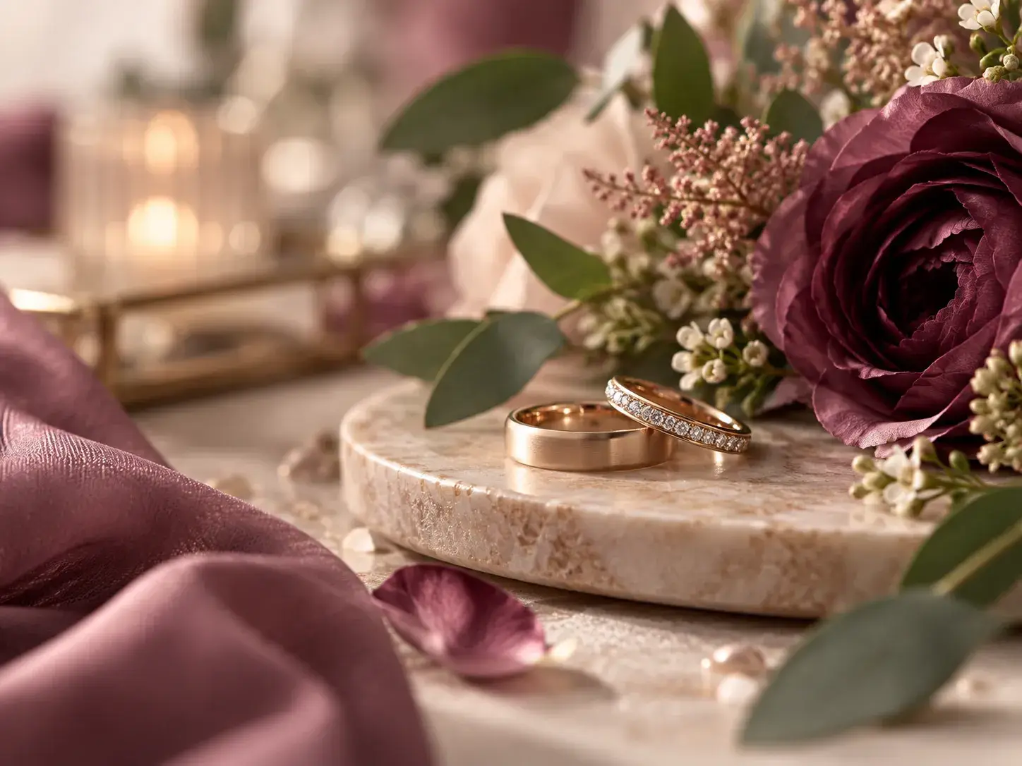 Gouden trouwringen naast paarse bloemen en groene bladeren in elegante setting