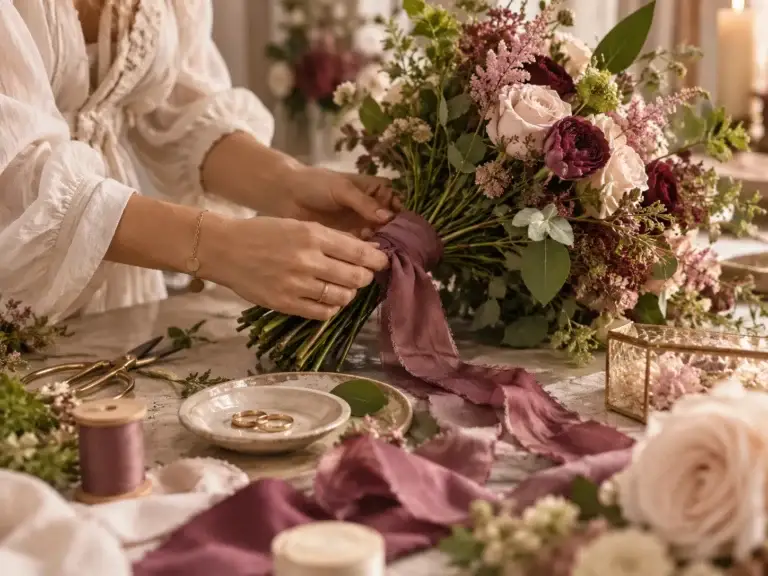 Close-up van handen die een romantisch bruidsboeket met mauve lint en zachte bloemen samenstellen