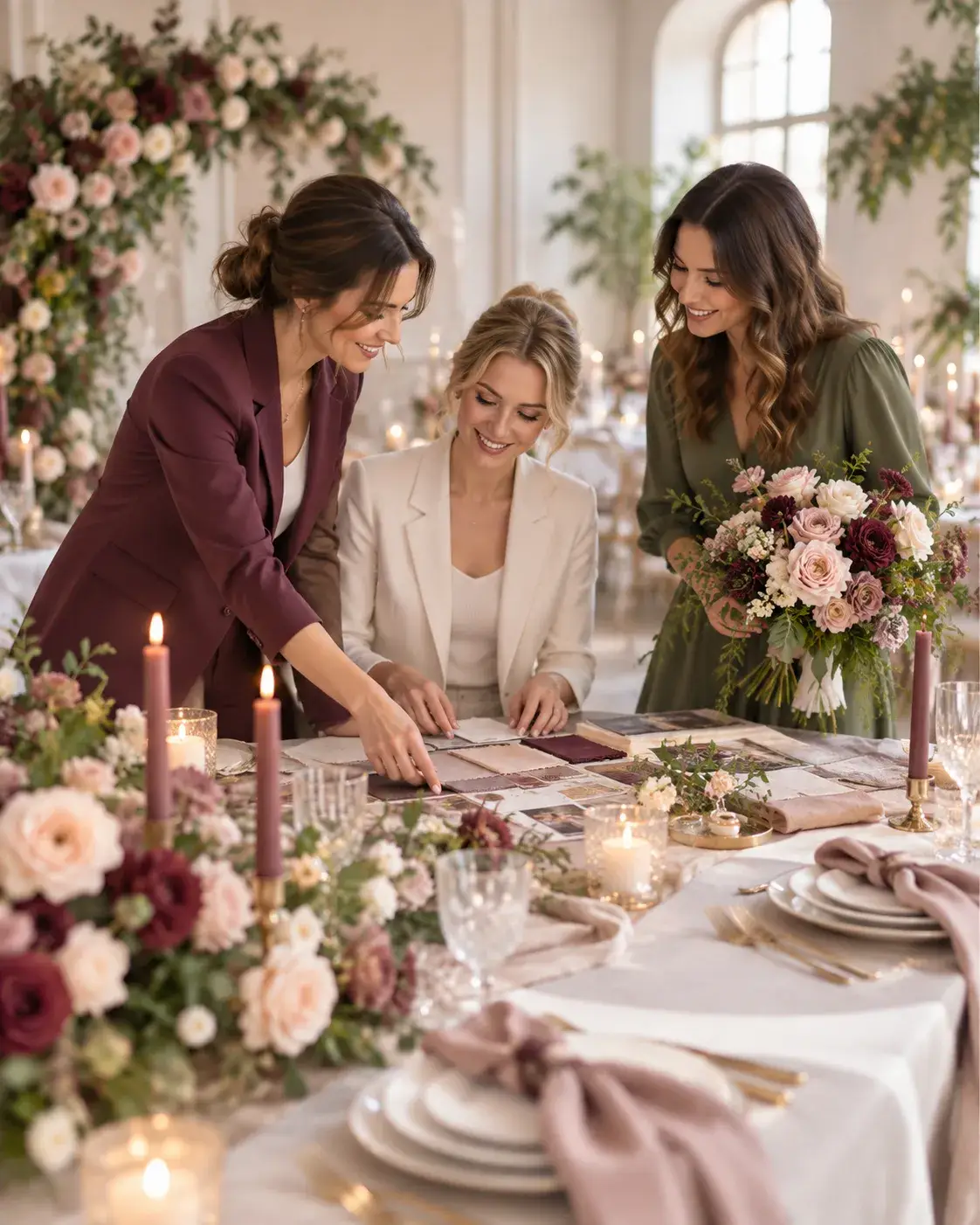 Drie professionals bespreken trouwstyling en decoratie rond een elegant gedekte tafel met bloemen en kaarsen