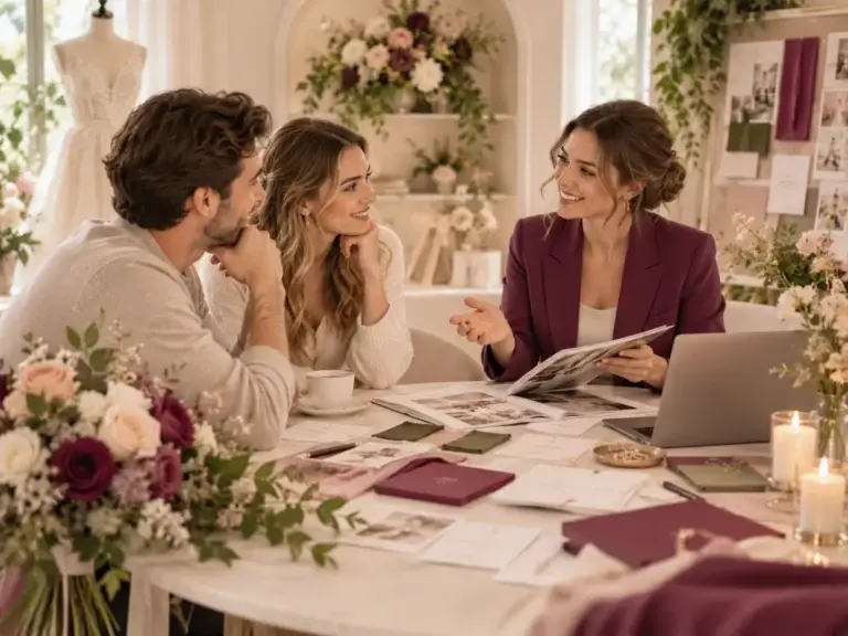 Weddingplanner bespreekt trouwideeën en beantwoordt vragen van een verloofd koppel in een stijlvolle setting met bloemen en inspiratieborden