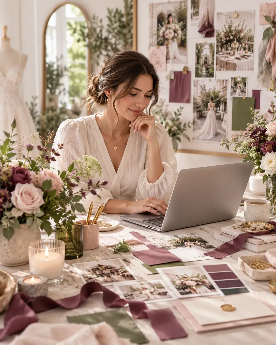 Vrouw werkt aan een laptop in een stijlvolle wedding studio met bloemen, moodboard en trouwinspiratie in mauve en groene tinten