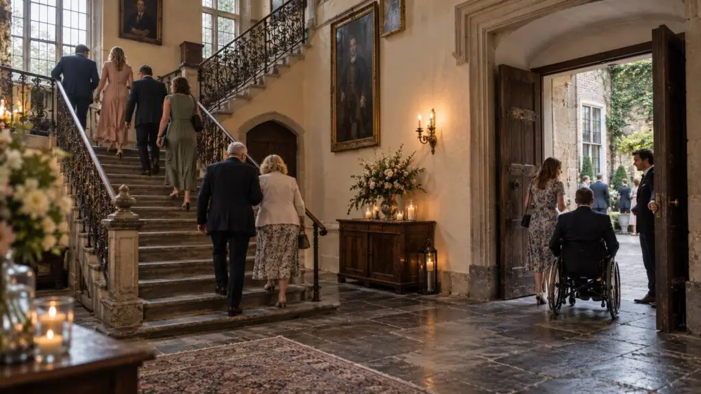Kasteel trouwlocatie controleren op toegankelijkheid, trappen en praktische looproutes voor gasten