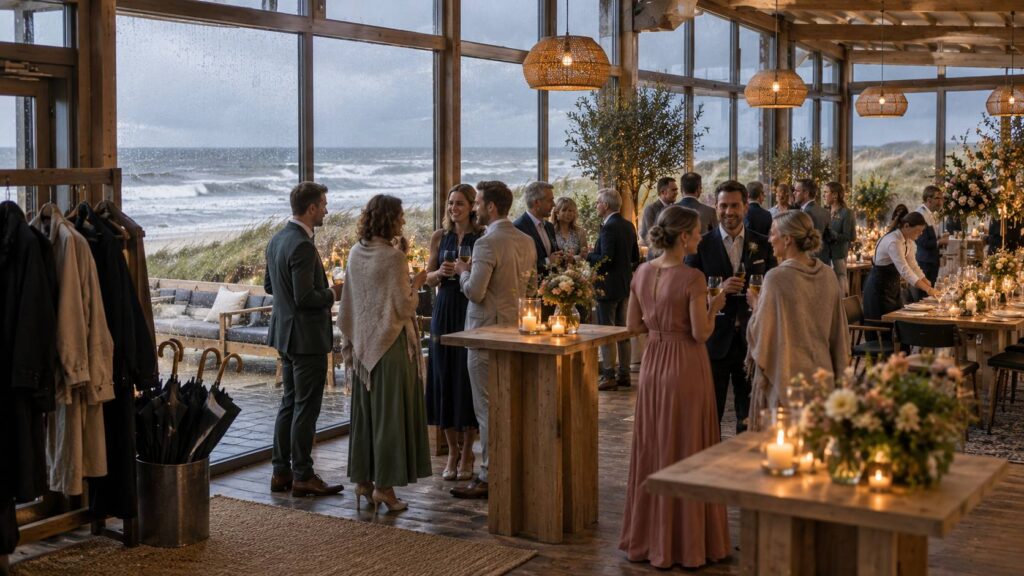 Strand trouwlocatie met een volwaardige binnenruimte als slechtweerplan voor de bruiloft